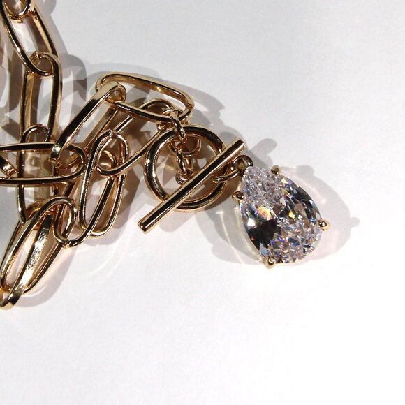 Gold Tone Paper Clip Link Necklace with a Clear Crystal Pendant - Picture 6 of 9